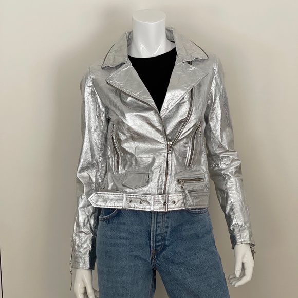 BANO EEMEE Metallic Moto Leather Jacket in Silver - Picture 7 of 13